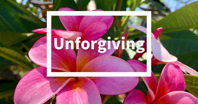 Pink plumeria flowers with a white rectangular frame containing the word 'Unforgiving'.