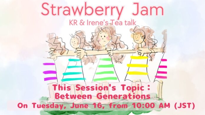 Poster advertising 'Strawberry Jam' tea talk with five illustrated figures holding a long banner and wearing colorful striped dresses; event title at top and date at bottom.