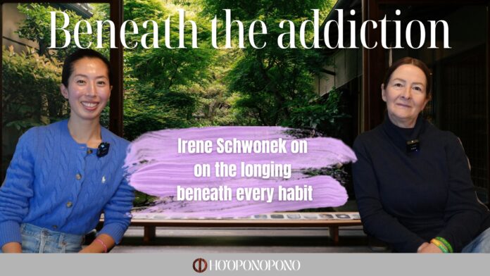 Two women sit at a table in front of greenery; a large white headline spans the top, with a purple brush stroke overlaid mid-image containing the subtitle text; Ho'oponopono logo at bottom.