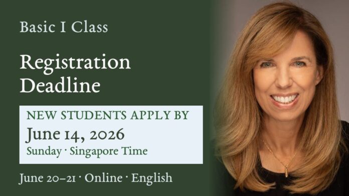 Basic I Class: Registration Deadline. New students apply by June 14, 2026; June 20–21 online English, with a smiling woman on the right.