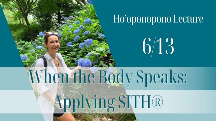 Promotional banner for Ho’oponopono Lecture on 6/13 featuring a woman in a garden with blue hydrangeas.