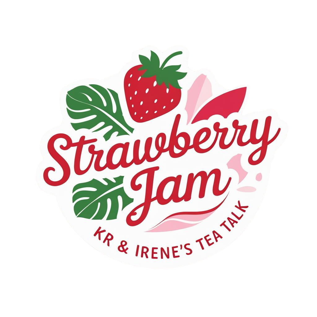 Strawberry Jam Logo Brand logo: 'Strawberry Jam' with strawberry and leaves, for KR & Irene's Tea Talk styling.